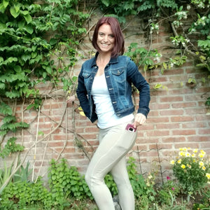Our model showing beige leggings with a pocket